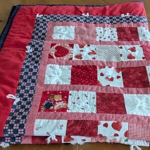 Handmade Vintage Toddler Quilt 43x48 Inches Red White Blue Hearts & Bears
